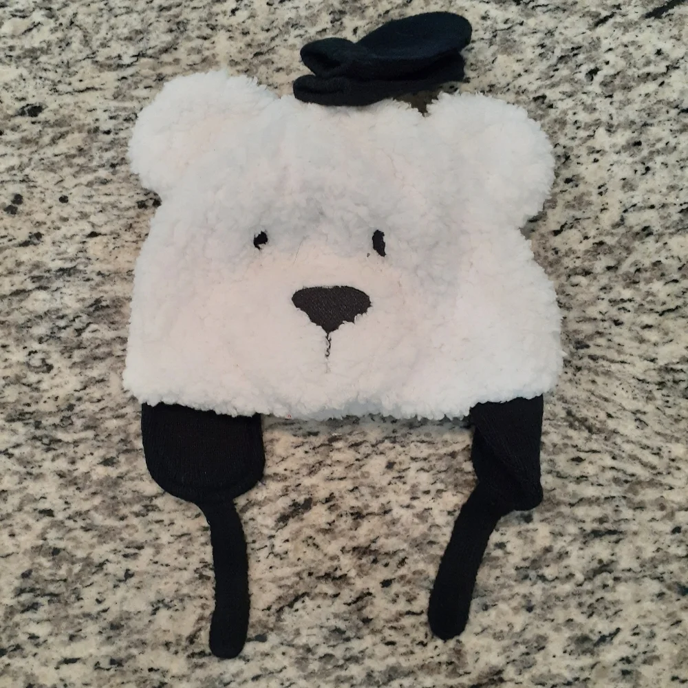Black & White Furry Bear Ear Flap Hat & Mittens Set NWOT OS Infant